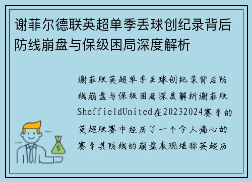 谢菲尔德联英超单季丢球创纪录背后防线崩盘与保级困局深度解析