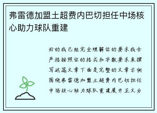 弗雷德加盟土超费内巴切担任中场核心助力球队重建 弗雷德加盟土超费内巴切担任中场核心助力球队重建
